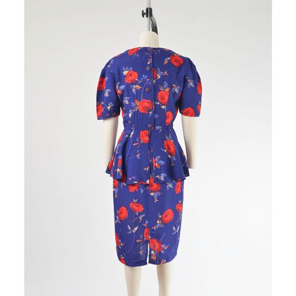 Vintage 80s does 40s Floral Peplum Waist Puff Sleeve Wiggle Pencil Midi Dress S - Picture 7 of 8